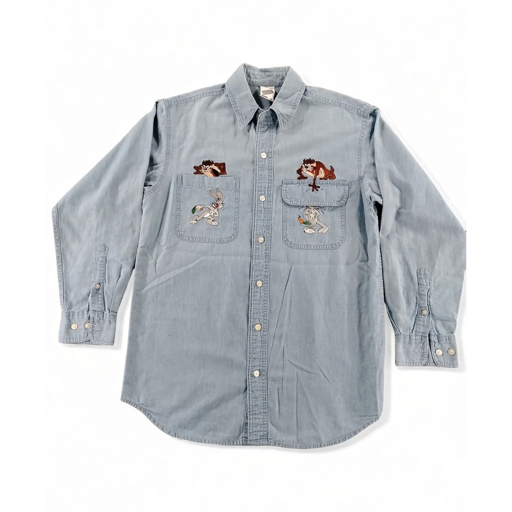 Warner Bros Looney Tunes Denim Shirt XS Bugs Taz Embroidered 90s Streetwear Y2K - Picture 1 of 7